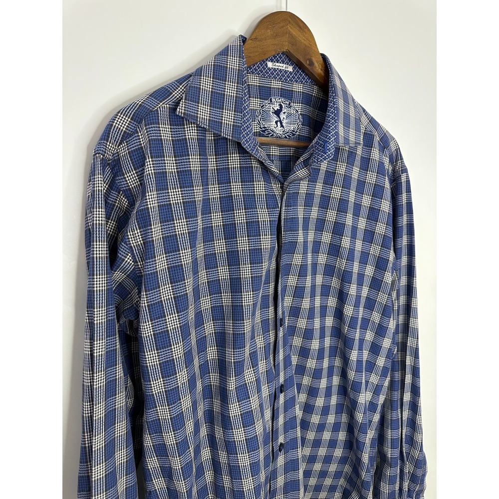 Bugatchi Shaped Fit Plaid Button Down Shirt Blue White Men's Size Large Cotton - Picture 4 of 10